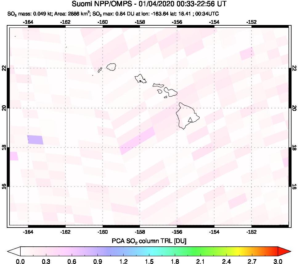 A sulfur dioxide image over Hawaii, USA on Jan 04, 2020.