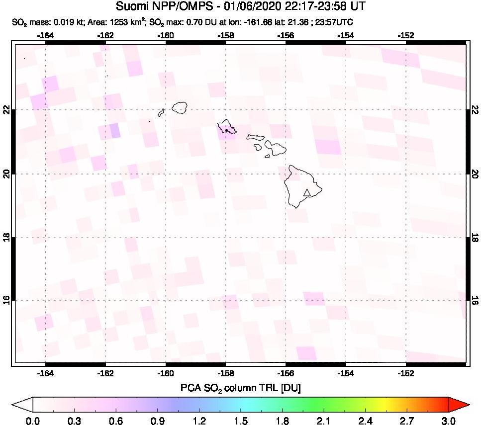 A sulfur dioxide image over Hawaii, USA on Jan 06, 2020.
