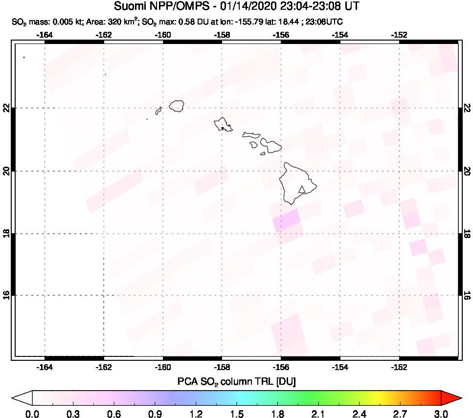 A sulfur dioxide image over Hawaii, USA on Jan 14, 2020.