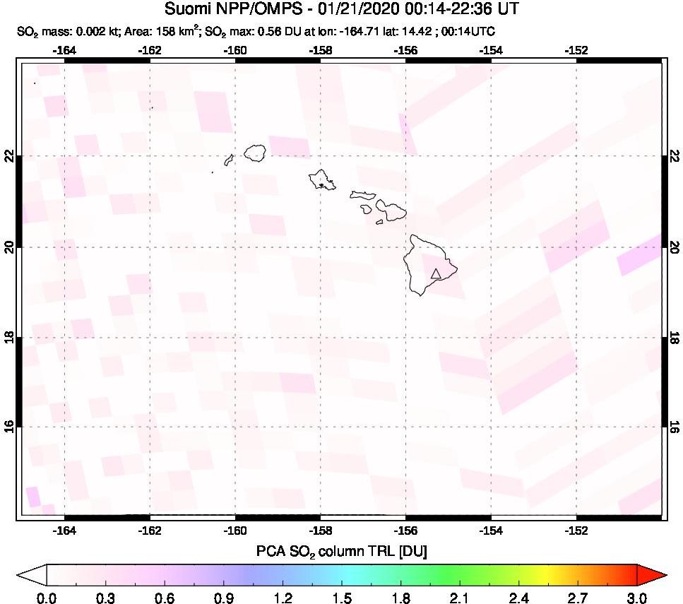 A sulfur dioxide image over Hawaii, USA on Jan 21, 2020.