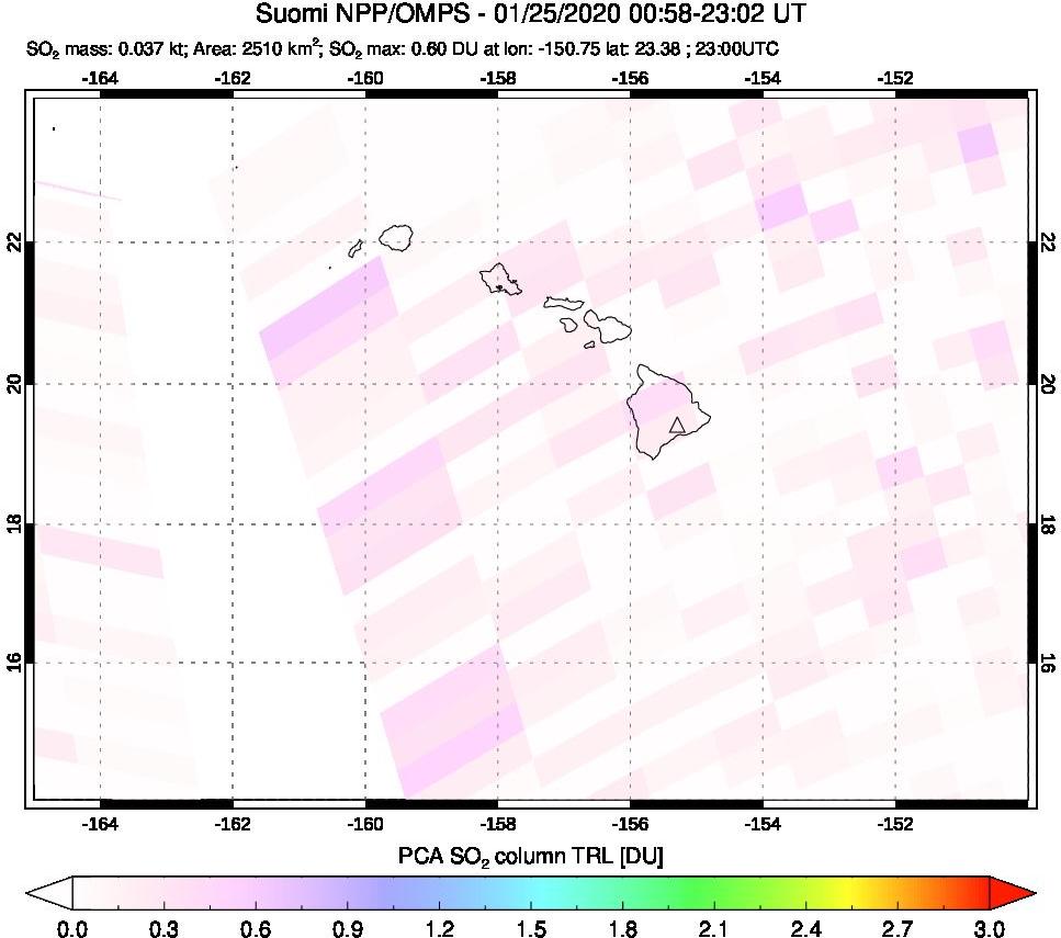 A sulfur dioxide image over Hawaii, USA on Jan 25, 2020.
