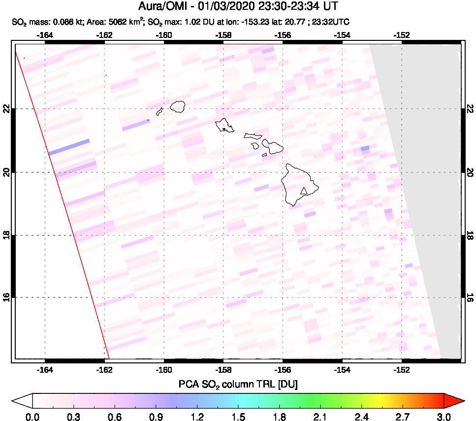 A sulfur dioxide image over Hawaii, USA on Jan 03, 2020.