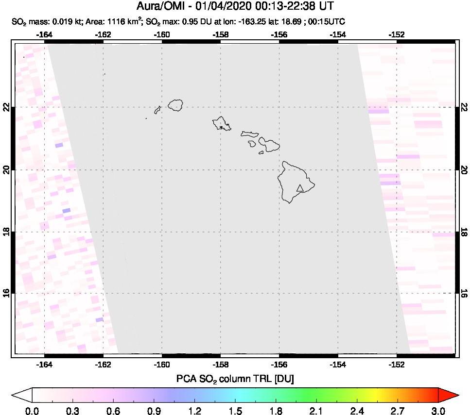 A sulfur dioxide image over Hawaii, USA on Jan 04, 2020.