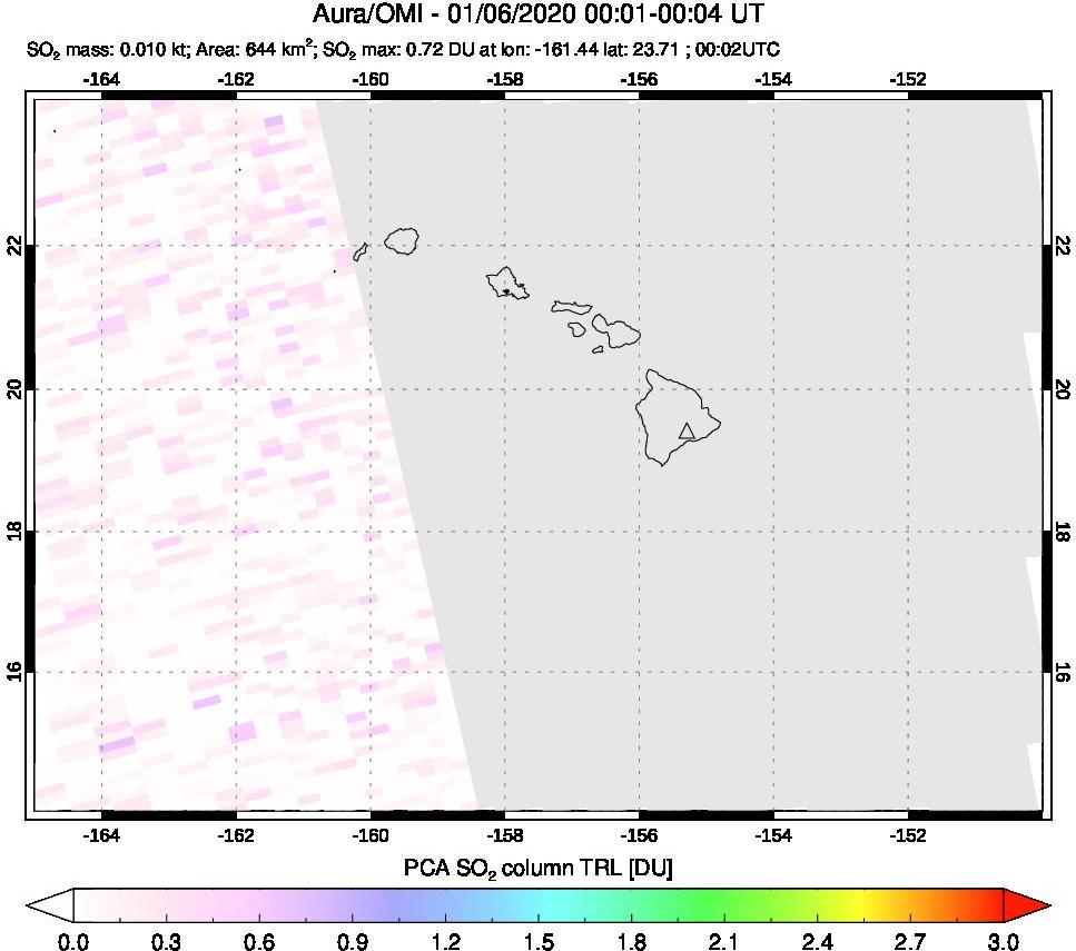 A sulfur dioxide image over Hawaii, USA on Jan 06, 2020.