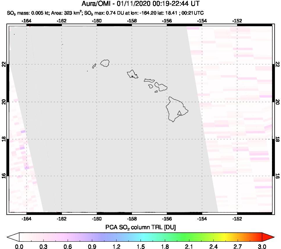 A sulfur dioxide image over Hawaii, USA on Jan 11, 2020.