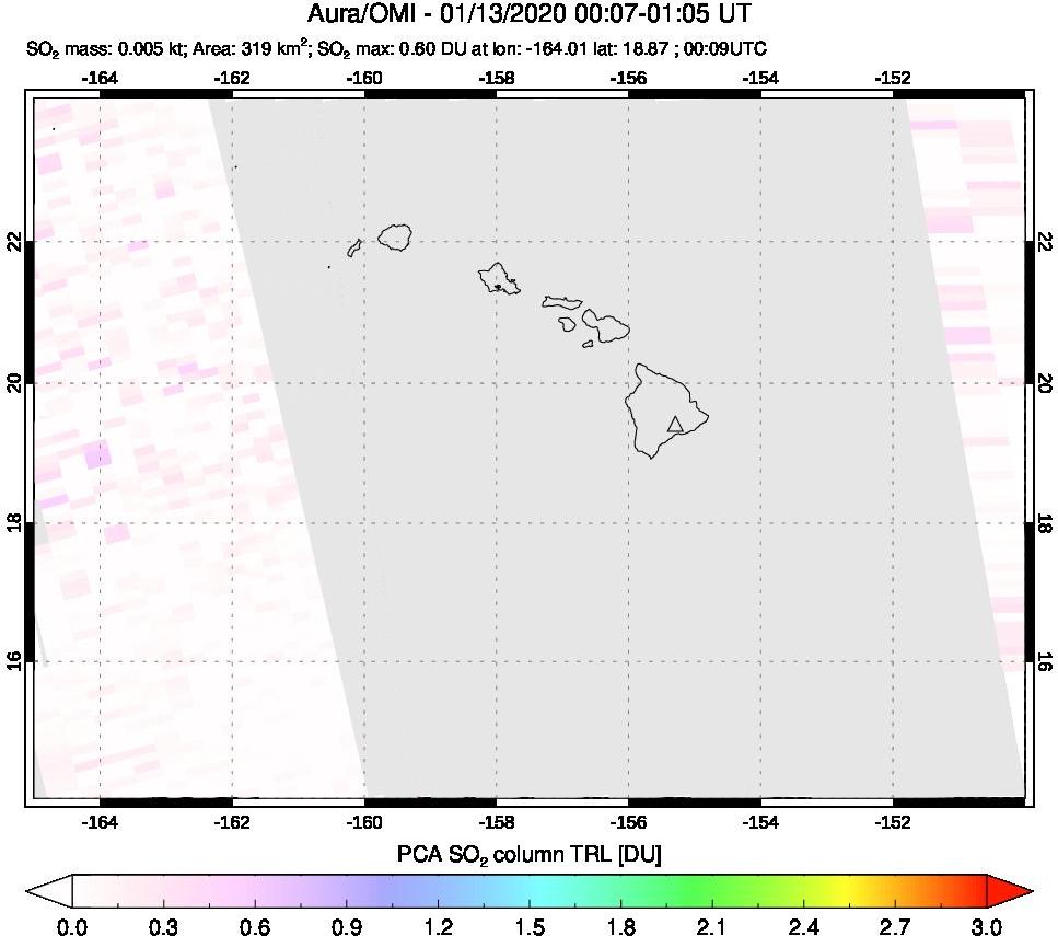 A sulfur dioxide image over Hawaii, USA on Jan 13, 2020.
