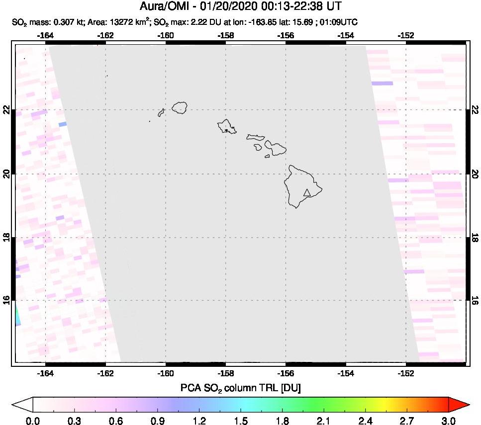 A sulfur dioxide image over Hawaii, USA on Jan 20, 2020.