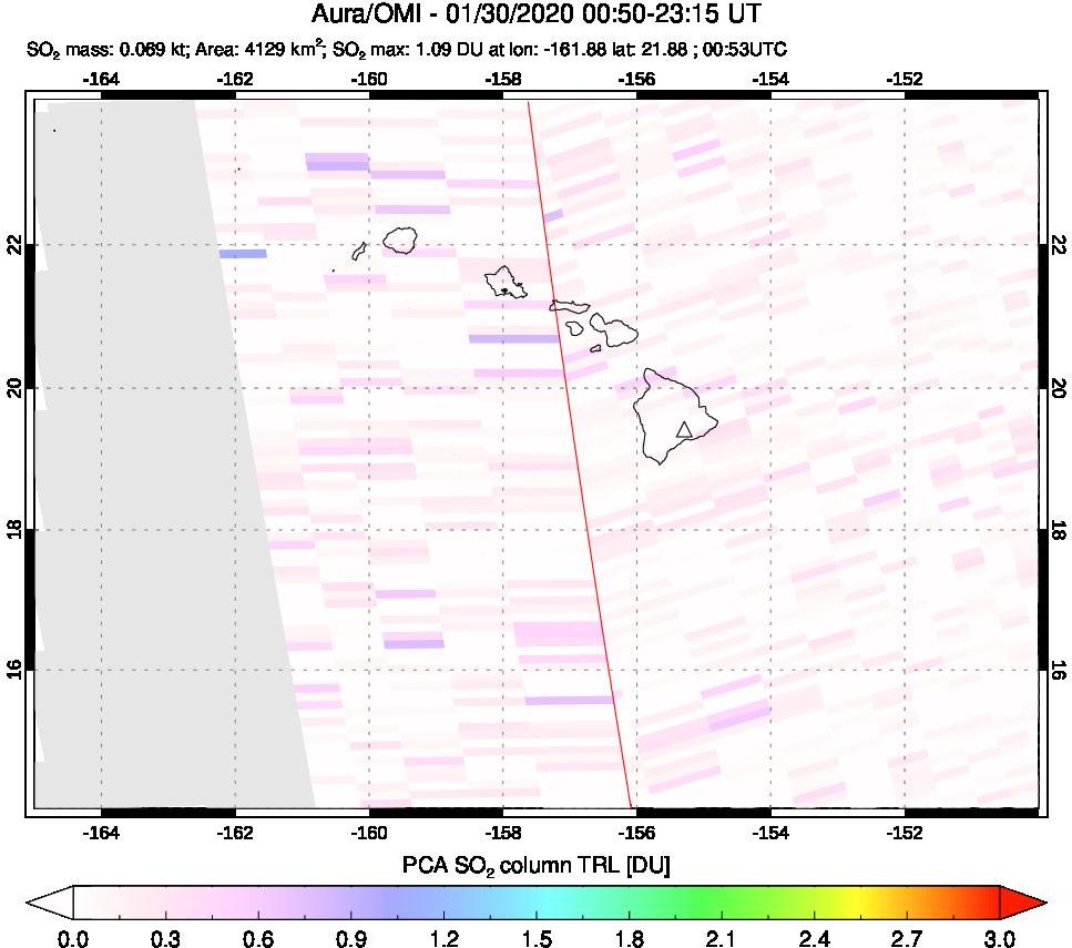 A sulfur dioxide image over Hawaii, USA on Jan 30, 2020.