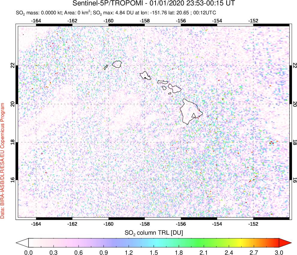 A sulfur dioxide image over Hawaii, USA on Jan 01, 2020.