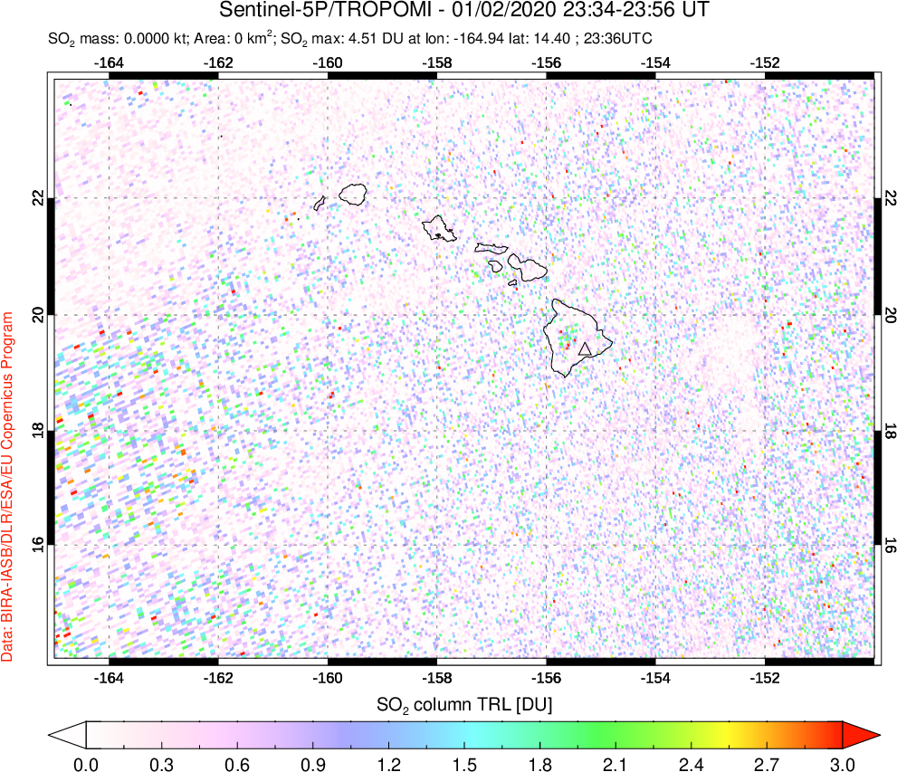 A sulfur dioxide image over Hawaii, USA on Jan 02, 2020.