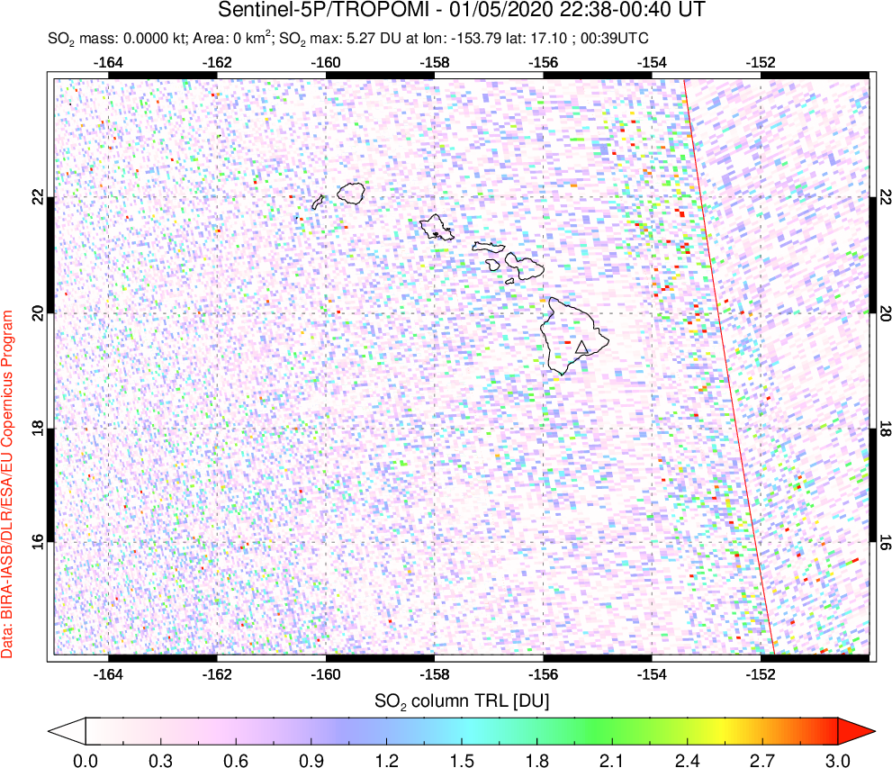 A sulfur dioxide image over Hawaii, USA on Jan 05, 2020.