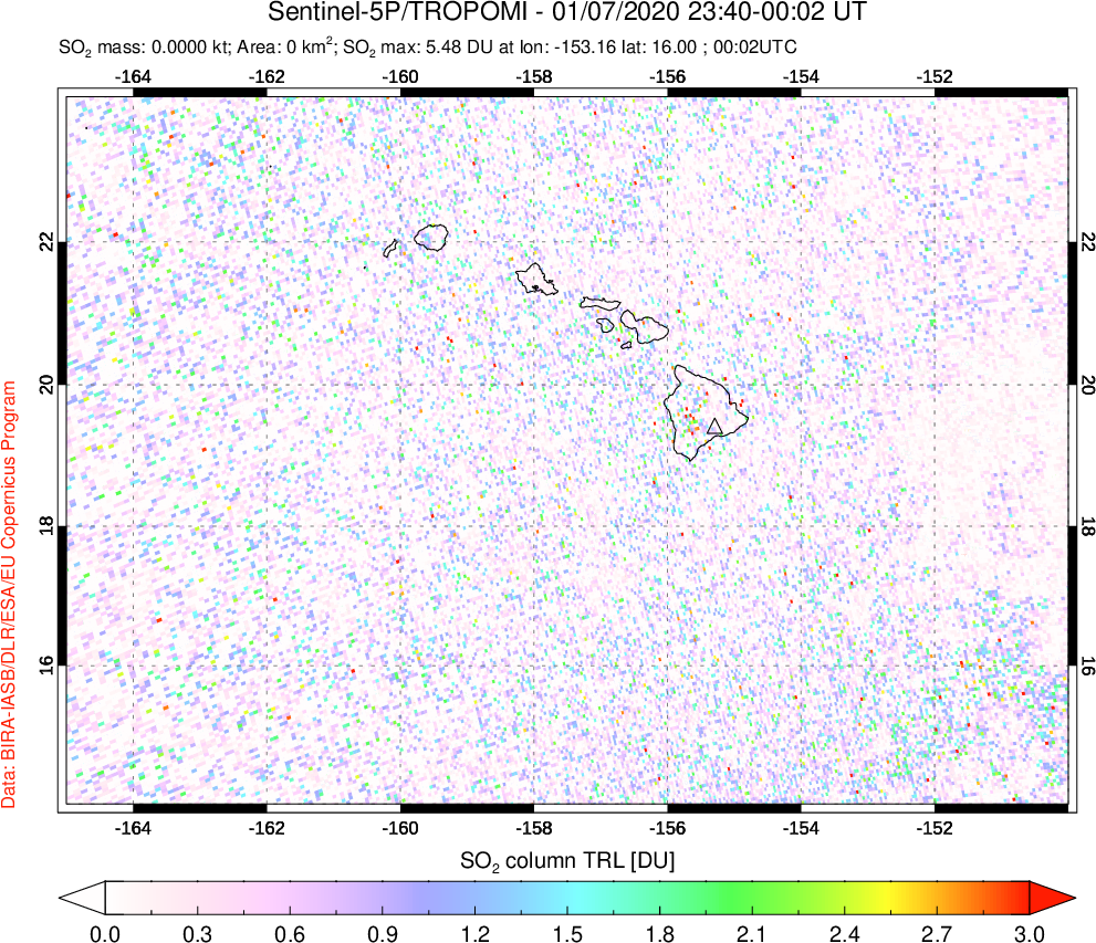 A sulfur dioxide image over Hawaii, USA on Jan 07, 2020.