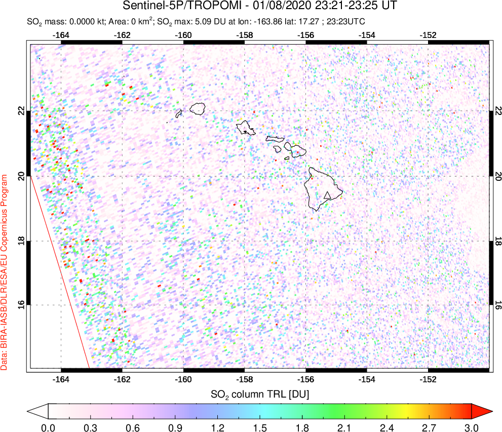 A sulfur dioxide image over Hawaii, USA on Jan 08, 2020.