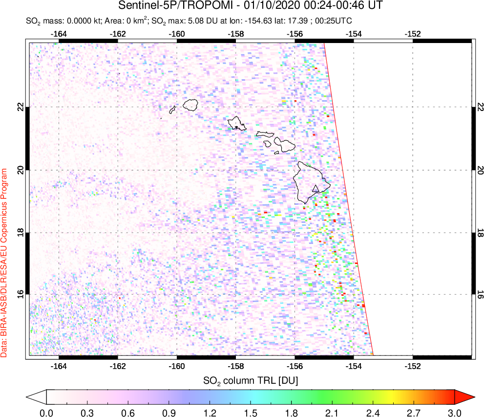 A sulfur dioxide image over Hawaii, USA on Jan 10, 2020.