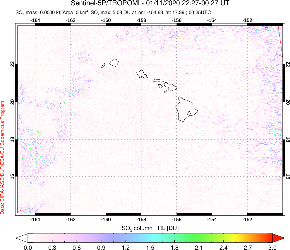 A sulfur dioxide image over Hawaii, USA on Jan 11, 2020.