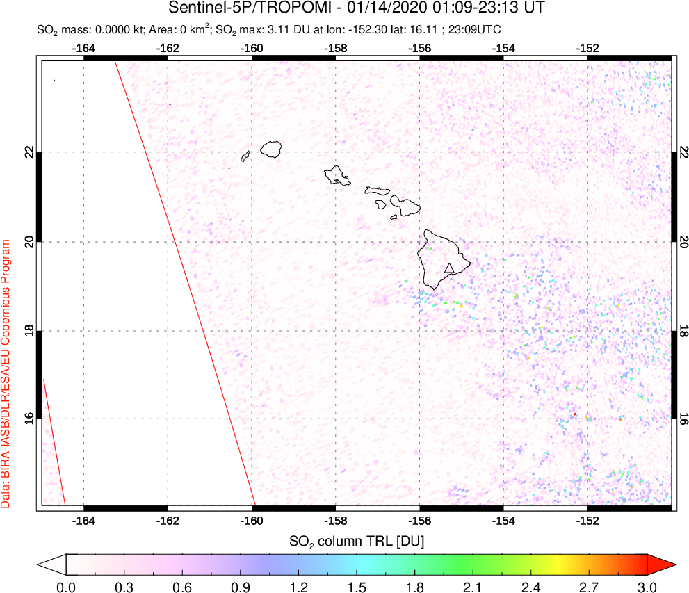 A sulfur dioxide image over Hawaii, USA on Jan 14, 2020.