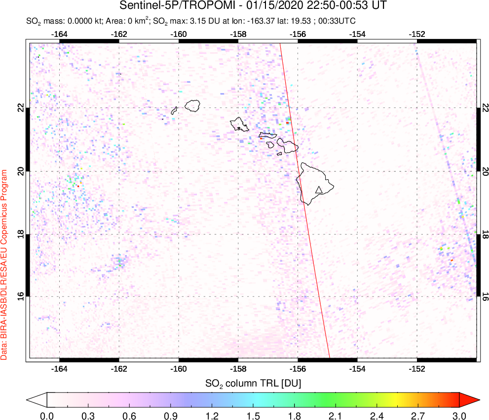 A sulfur dioxide image over Hawaii, USA on Jan 15, 2020.