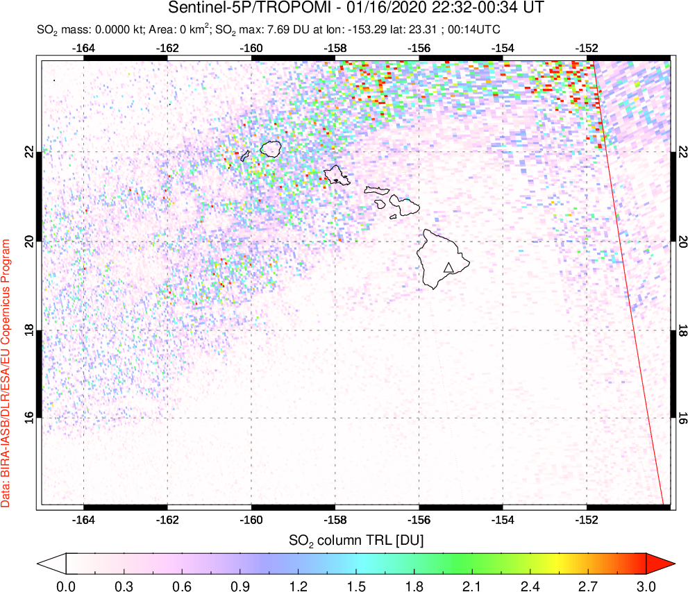 A sulfur dioxide image over Hawaii, USA on Jan 16, 2020.