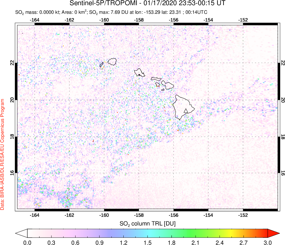 A sulfur dioxide image over Hawaii, USA on Jan 17, 2020.