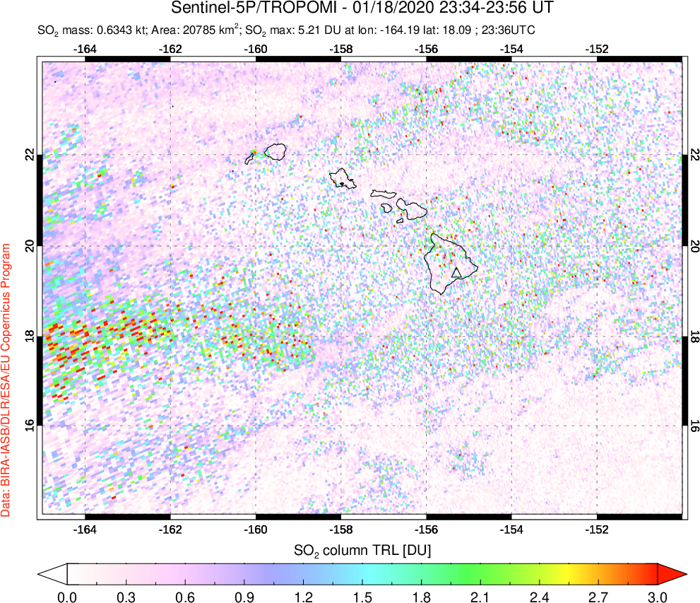 A sulfur dioxide image over Hawaii, USA on Jan 18, 2020.
