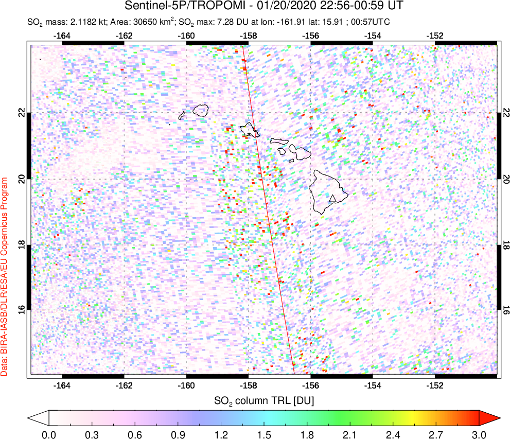 A sulfur dioxide image over Hawaii, USA on Jan 20, 2020.