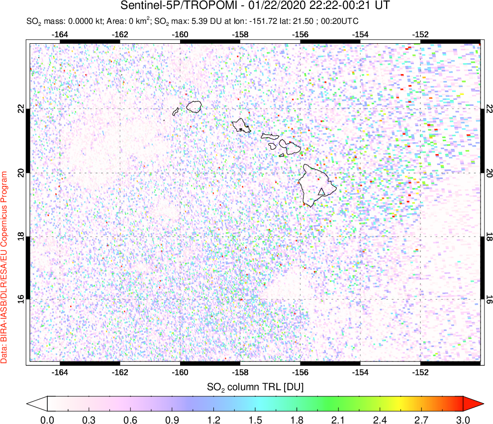 A sulfur dioxide image over Hawaii, USA on Jan 22, 2020.