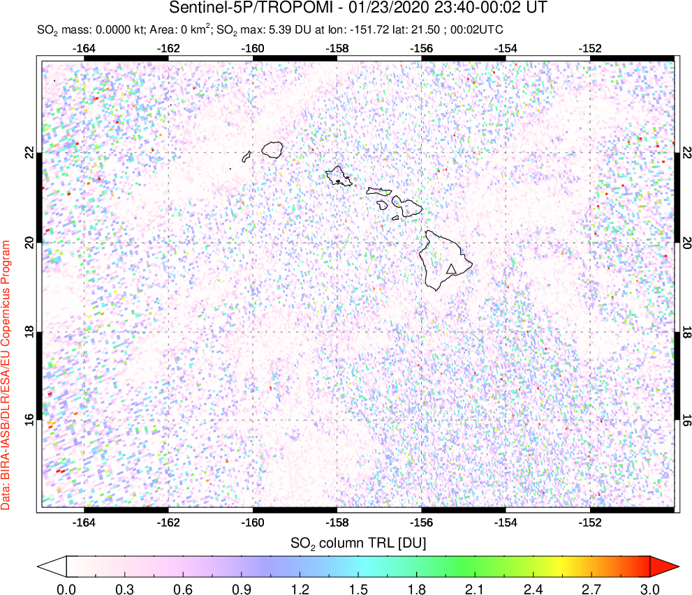 A sulfur dioxide image over Hawaii, USA on Jan 23, 2020.