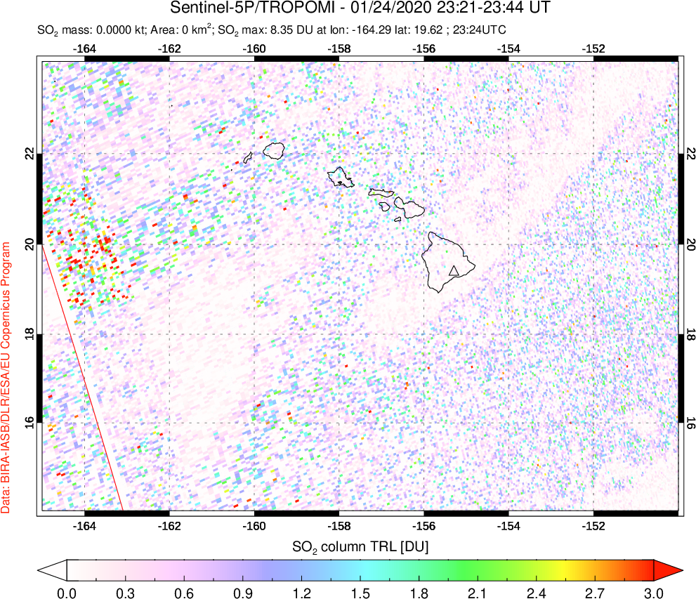 A sulfur dioxide image over Hawaii, USA on Jan 24, 2020.