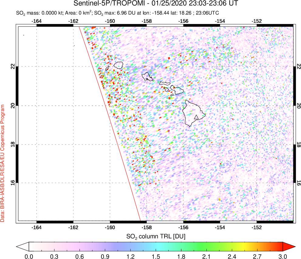A sulfur dioxide image over Hawaii, USA on Jan 25, 2020.