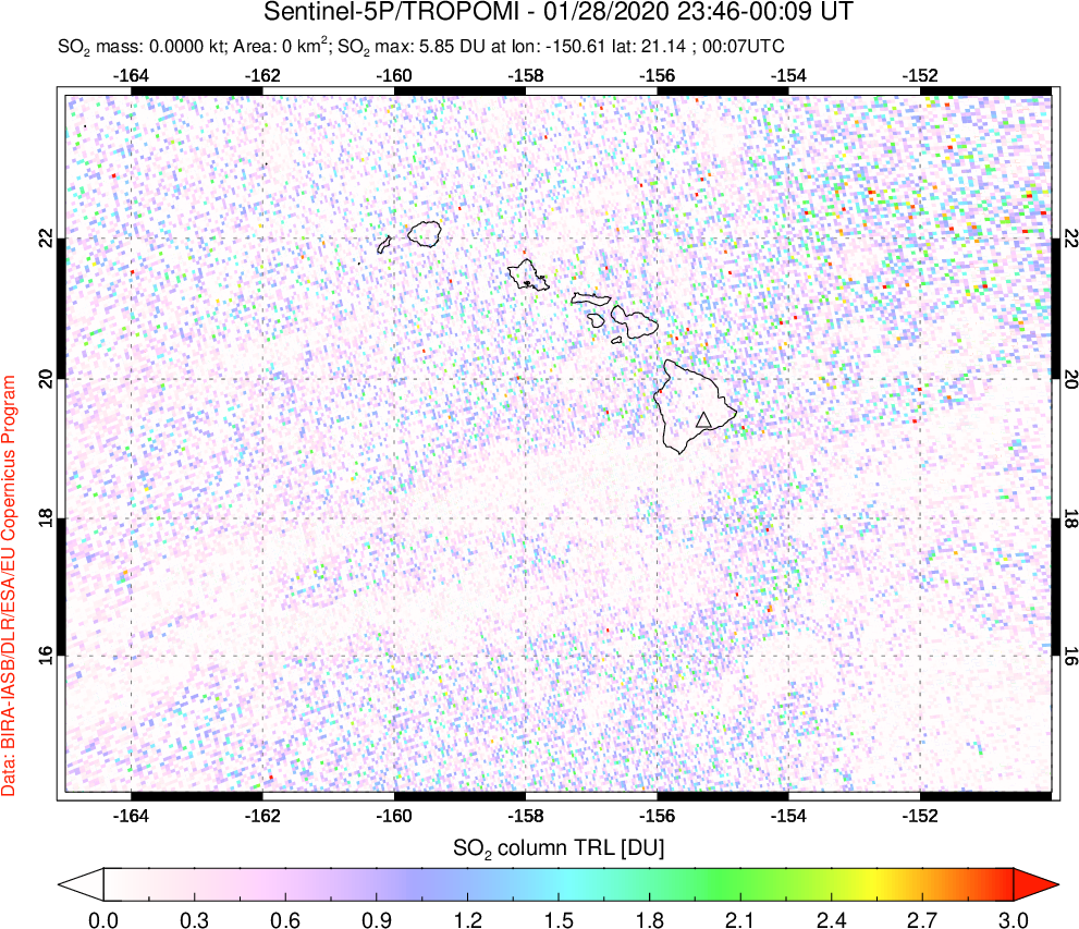 A sulfur dioxide image over Hawaii, USA on Jan 28, 2020.
