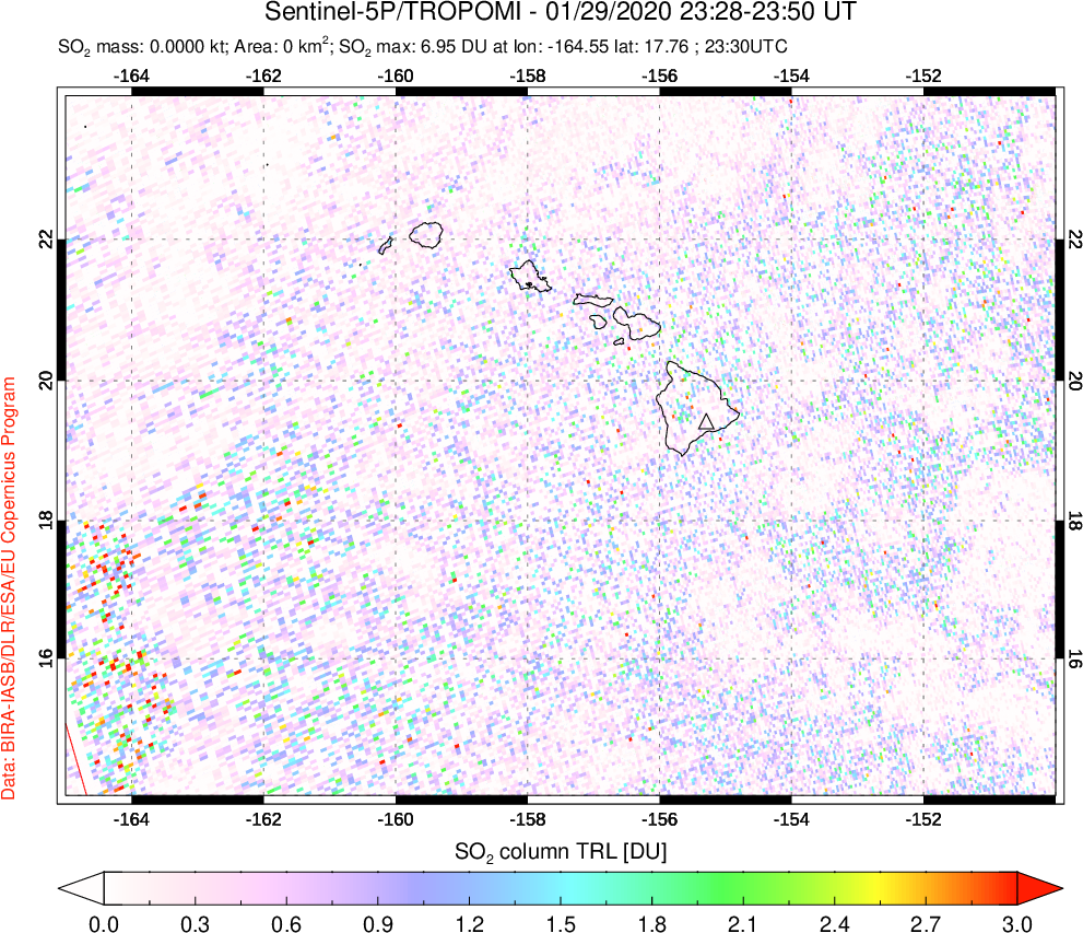 A sulfur dioxide image over Hawaii, USA on Jan 29, 2020.