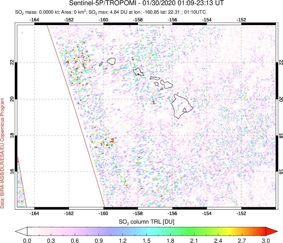 A sulfur dioxide image over Hawaii, USA on Jan 30, 2020.
