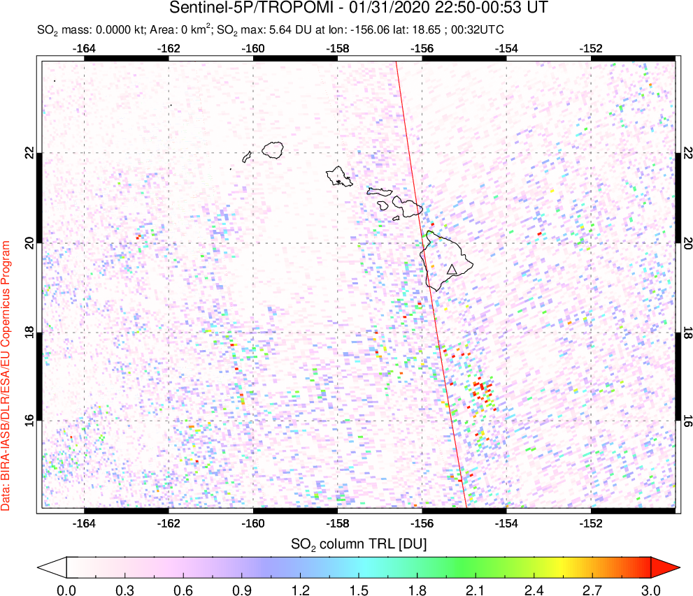 A sulfur dioxide image over Hawaii, USA on Jan 31, 2020.