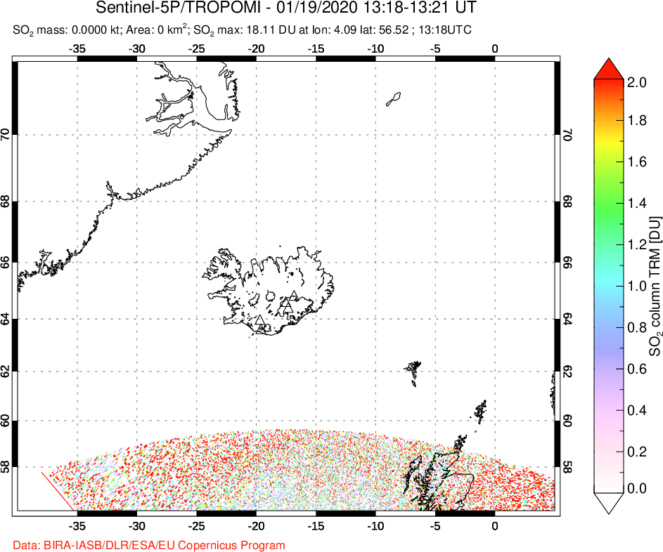 A sulfur dioxide image over Iceland on Jan 19, 2020.