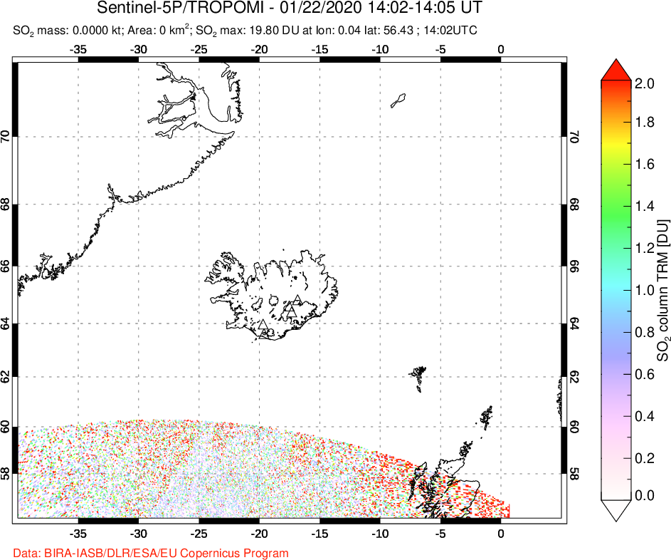 A sulfur dioxide image over Iceland on Jan 22, 2020.