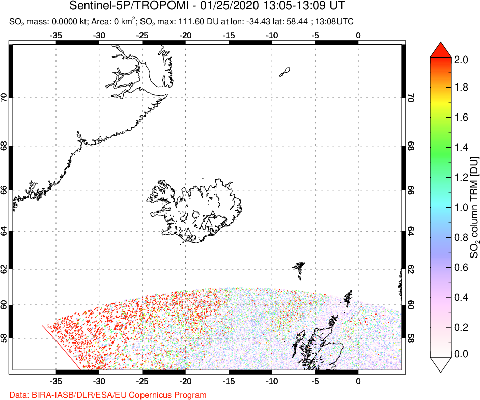 A sulfur dioxide image over Iceland on Jan 25, 2020.