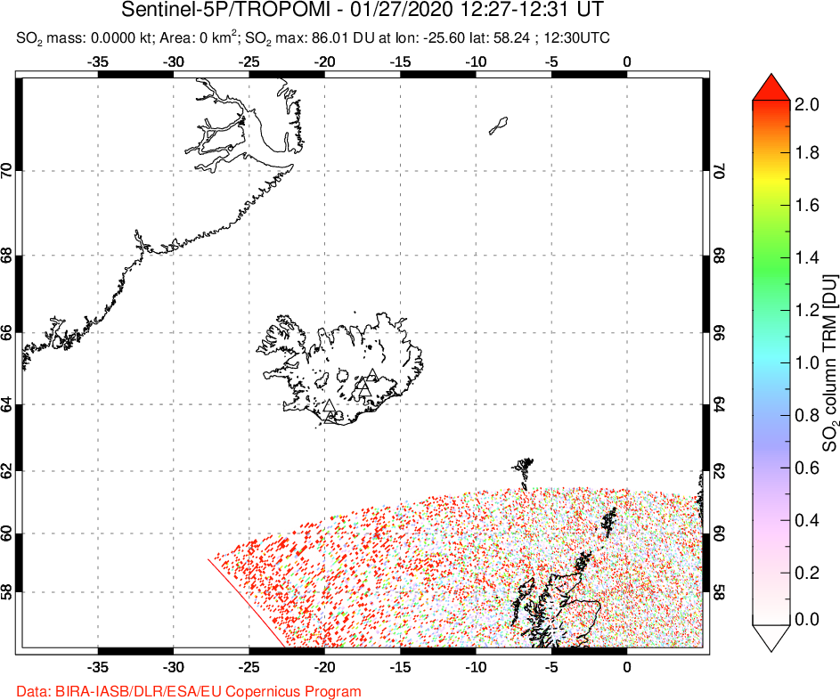 A sulfur dioxide image over Iceland on Jan 27, 2020.