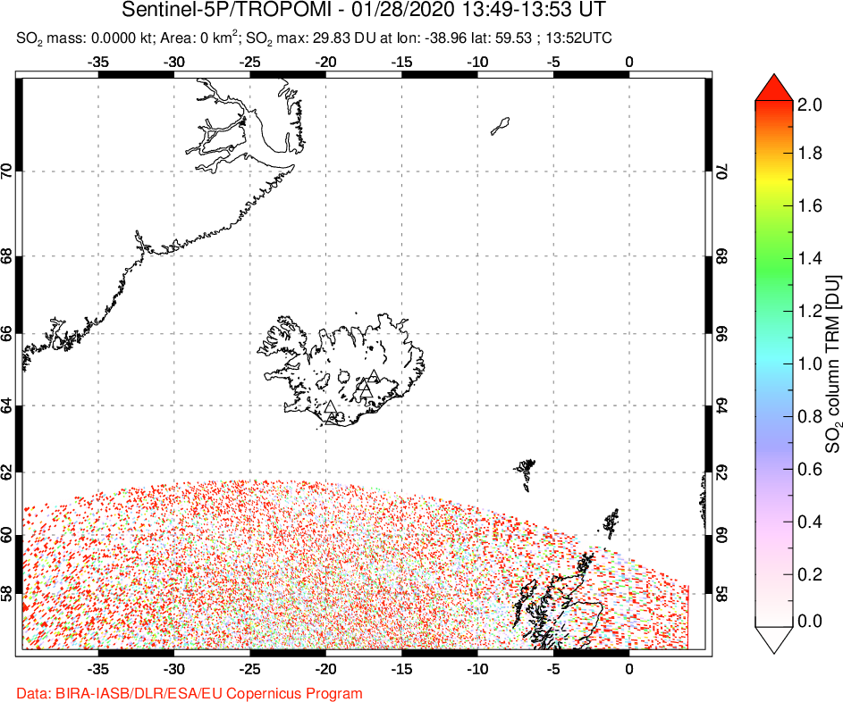 A sulfur dioxide image over Iceland on Jan 28, 2020.
