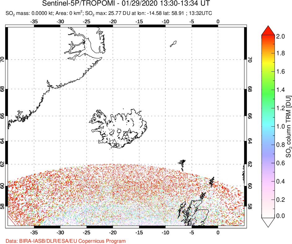 A sulfur dioxide image over Iceland on Jan 29, 2020.