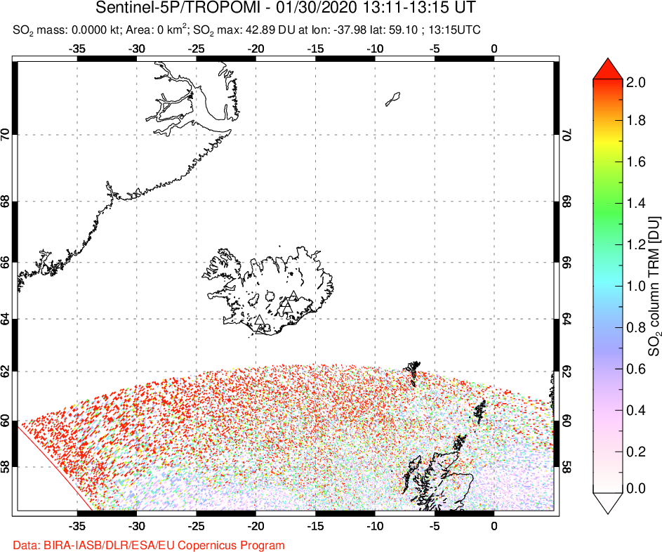 A sulfur dioxide image over Iceland on Jan 30, 2020.