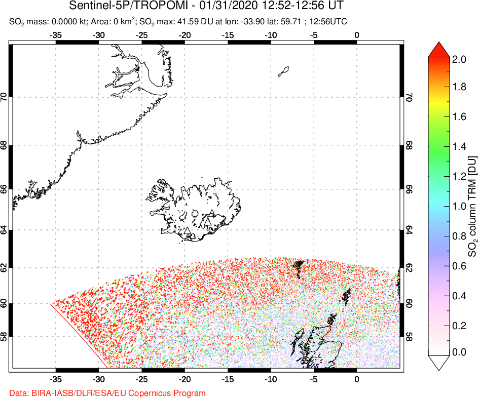A sulfur dioxide image over Iceland on Jan 31, 2020.