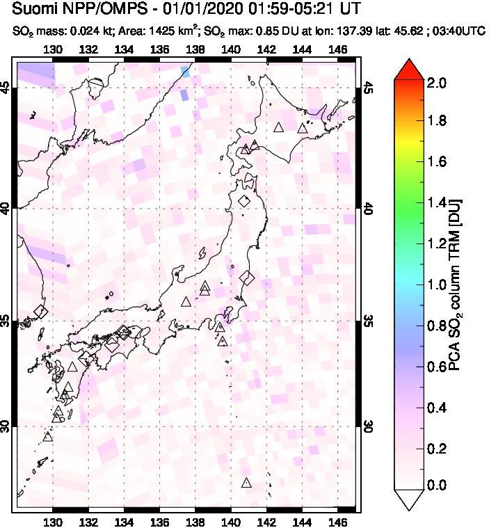 A sulfur dioxide image over Japan on Jan 01, 2020.