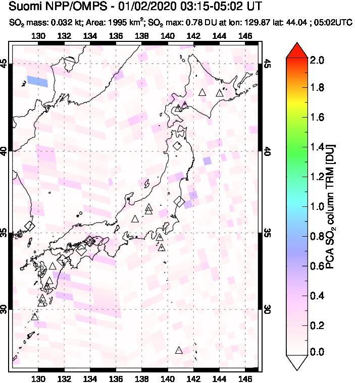 A sulfur dioxide image over Japan on Jan 02, 2020.