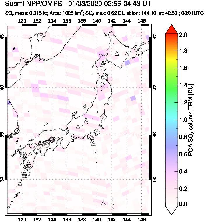 A sulfur dioxide image over Japan on Jan 03, 2020.