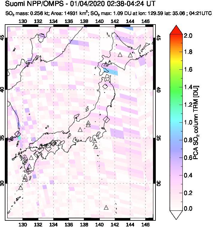 A sulfur dioxide image over Japan on Jan 04, 2020.