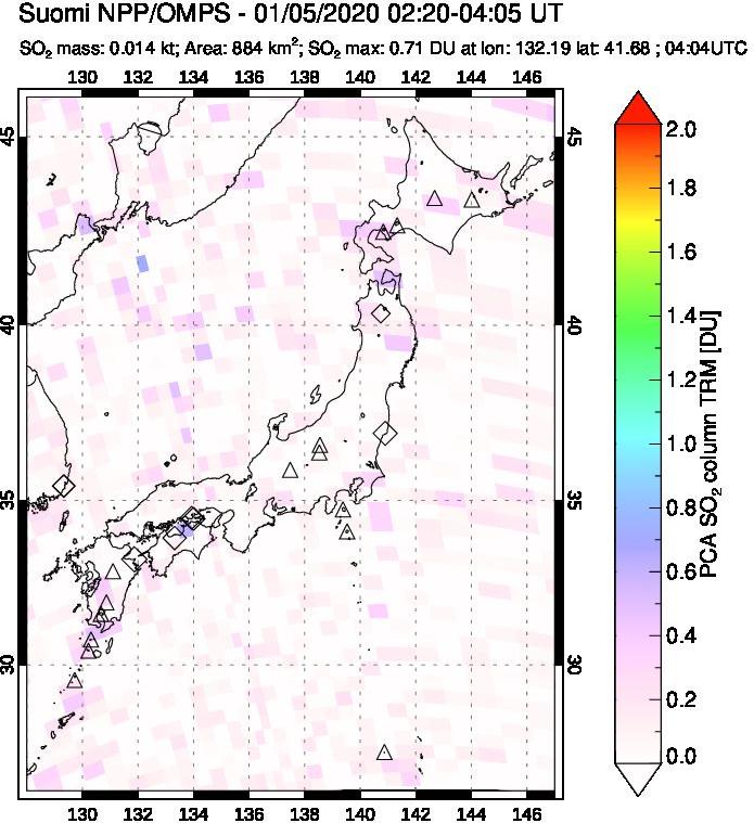 A sulfur dioxide image over Japan on Jan 05, 2020.