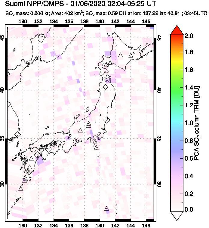 A sulfur dioxide image over Japan on Jan 06, 2020.