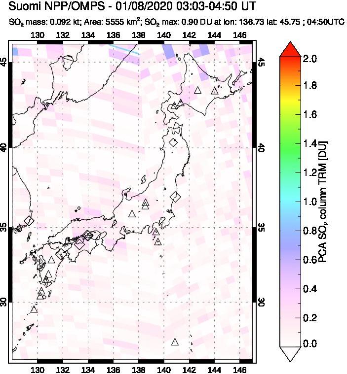 A sulfur dioxide image over Japan on Jan 08, 2020.