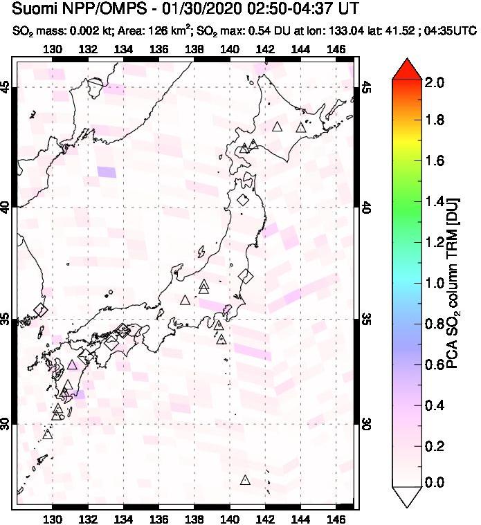 A sulfur dioxide image over Japan on Jan 30, 2020.