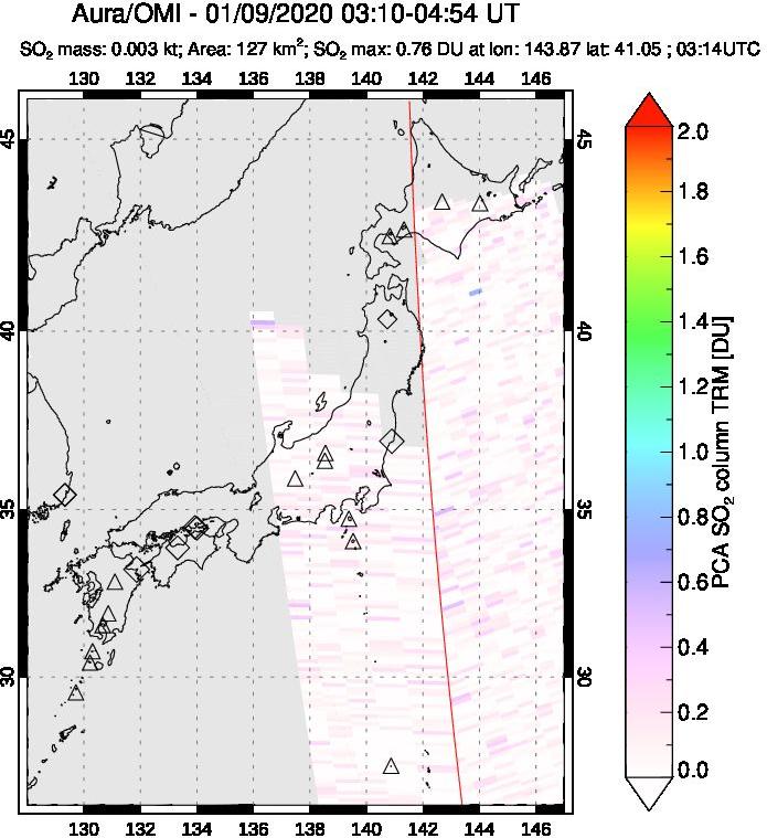 A sulfur dioxide image over Japan on Jan 09, 2020.